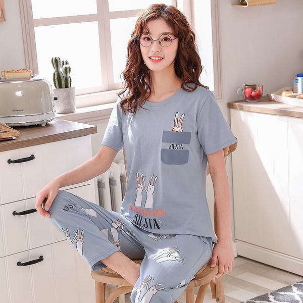 

new summer pyjamas women cotton cartoon pajama set short +long pants ladies homewear round neck casual girls sleepwear -xxl, Blue;gray