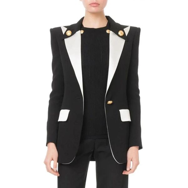 

2019 autumn and winter europe and the latest black and white mosaic collar coat decorative metal lion head buckle suit casual blazer, White;black