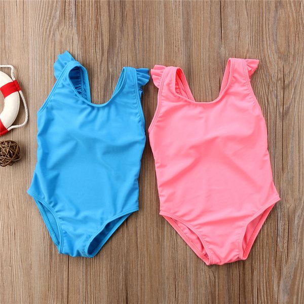 

sweet newborn baby girls swimsuit kids girls one-piece swimwear pure blue pink bathing suit 2018 summer back bowknot beachwear