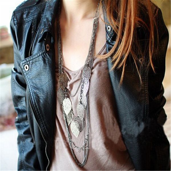 

new arrival trendy punk leaf stray leaves multilayer bohemianc sweater chain cc2201, Silver