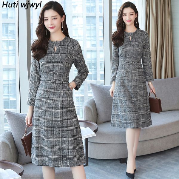 

2019 vintage plaid hairy midi dresses autumn winter 2xl plus size solid long sleeve dress elegant women bodycon party vestidos, Black;gray