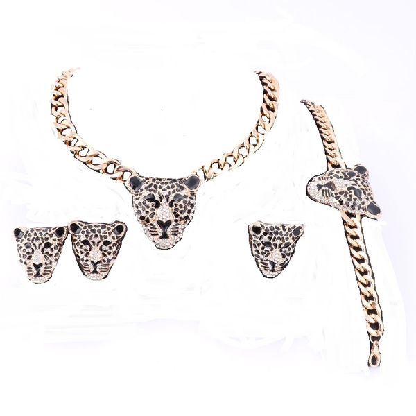 

dubai gold color crystal enameled leopard pendant statement necklace brecelet earrings ring costume jewelry set, Silver