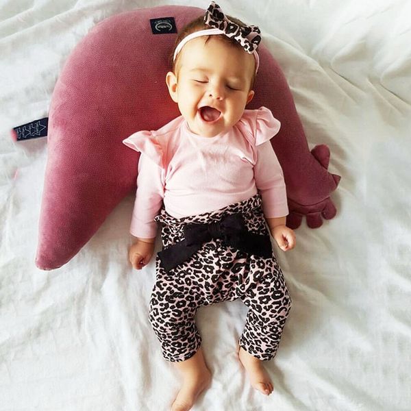 

newborn baby girl clothes infant cute ruffle long sleeve romper+pink leopard print pants+headband 3pcs toddler clothing set, White