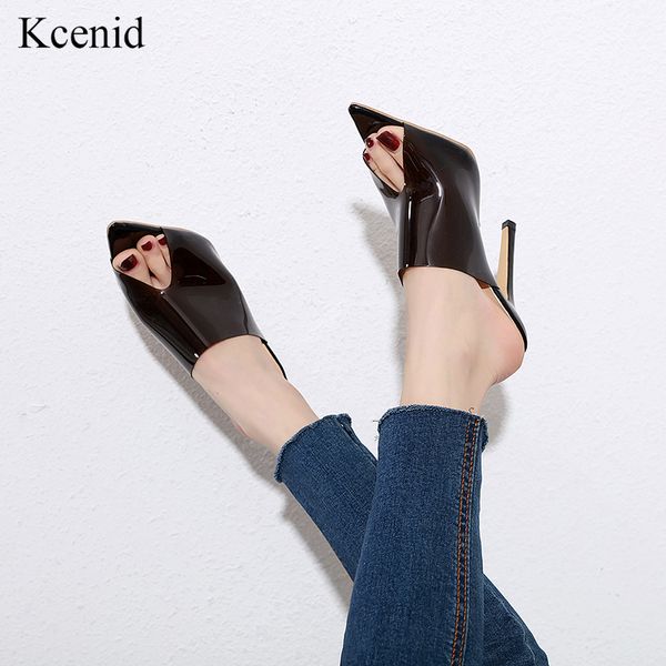 

kcenid 2020 new pvc jelly sandals slippers summer peep toe thin high heels women stilettos heel slides pumps black size 40
