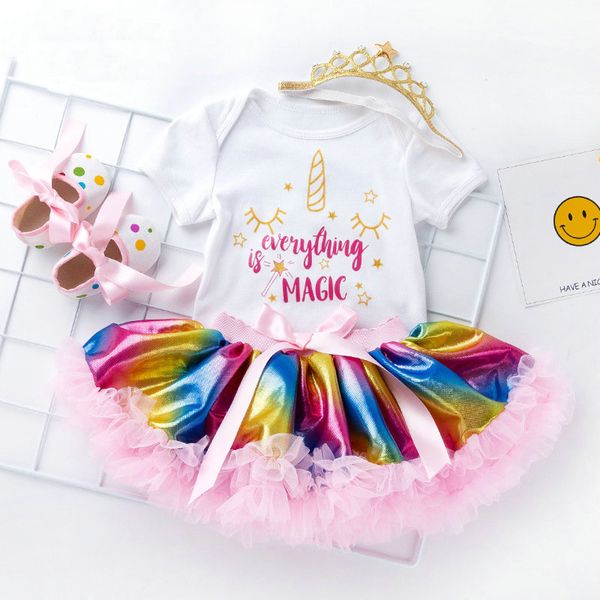 

retail girls boutique outfits summer 4pcs skirts sets 0-2 years baby tracksuit cartoon printed romper+rainbow skirt+shoes+crown suits set, White