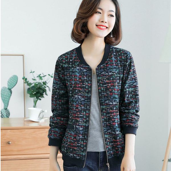 

big size women's short jacket 2019 spring autumn new fashion floral casual female coat round neck long-sleeved blusa f1432, Black;brown