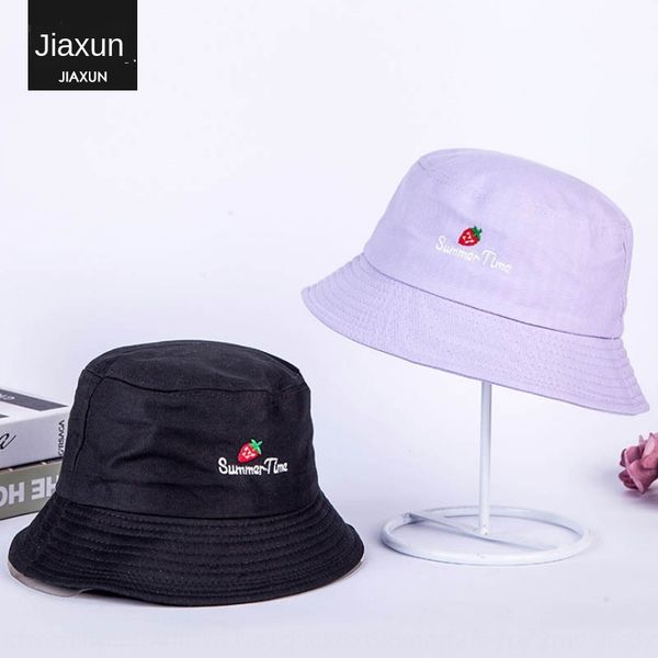 

autumn bucket bucket strawberry fisherman creative strawberry embroidery letter pattern basin foldable couple hat fisherman hat, Blue;gray