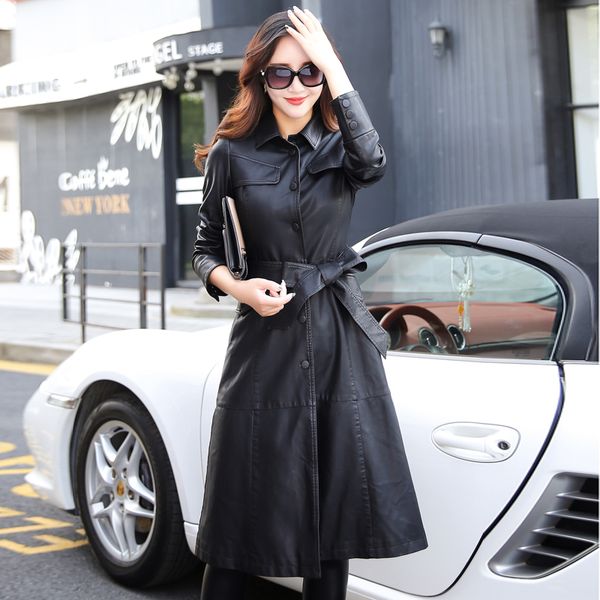 

luxurious long leather jacket women fashion coat female turn collar single covered button outerwear plus size m-5xl, Black
