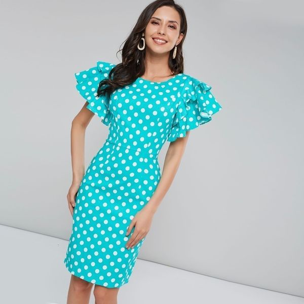

party dresses women clothes dot polka petal sleeve vintage dress women zipper sheath up female blue round neck slim designer clothes, Black;gray