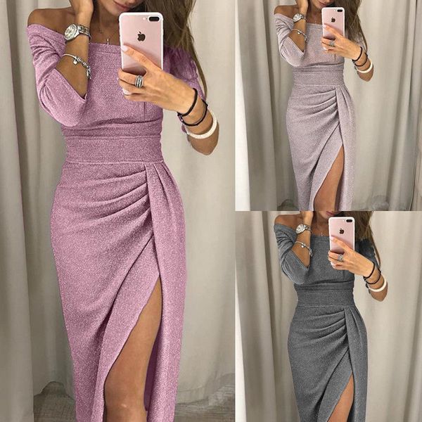 

meihuida women off shoulder bodycon dress split maxi dress party evening gown wear jupe femme faldas mujer, Black;gray