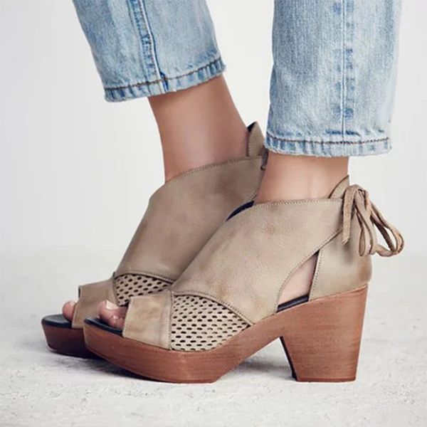 

wish2019 summer foreign trade popular color european and american anchovies mouth lace up thick heel large cool boots female 344, Black