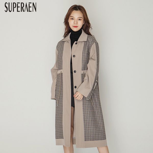 

superaen europe 2019 autumn and winter trench coat for women new cotton wild casual ladies windbreaker plaid stitching coats, Tan;black