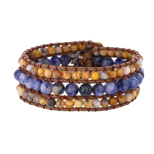 

new 3 row handmade braided wrap bracelets with blue-vein stone crazy agate for women men creative gifts collection, Black