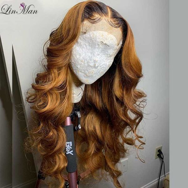 

lin man ombre blonde lace front human hair wigs with baby hair brazilian wavy remy deep part, Black;brown