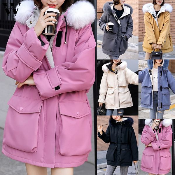 

womail women parkas 2019fashion winter jacket coat faux fur hooded warm long parkas coat large fur collar ladies loose outerwear, Black