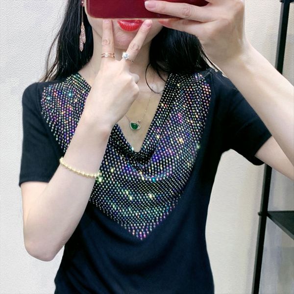 

european-style short-sleeved t- women's slim big elastic slim 2020 heavy industry drill base tide shirt shirt, White