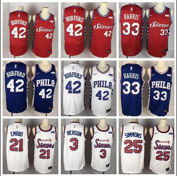 

men's philadelphia ben 76ers 25 simmons 3 iverson 21 embiid 42 horford 33 harris royal swingman jersey - icon edition, Blue;black