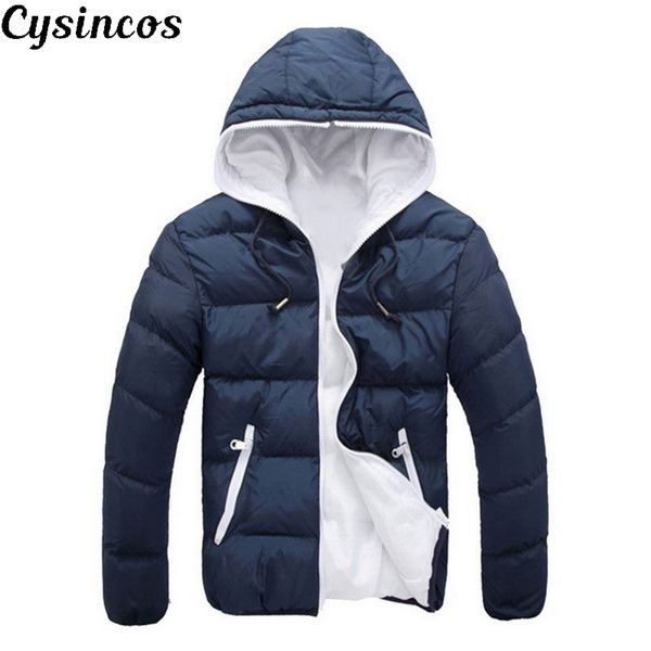 

cysincos 2019 mens casual hooded parka winter men fashion patchwork cotton slim fit coat thick warm homme's parka zipper jacket, Black