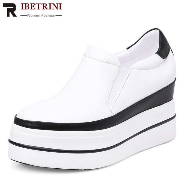 

ribetrini 2019 new fashion slip on platform shoes genuine leather shoes woman spring woman casual wedges women size 32-40, Black