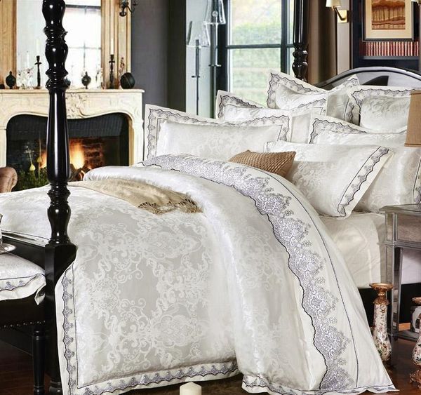 White Gold Silver Pink Jacquard Luxury Bedding Set Queen King Stain Bed Set 4 Cotton Silk Lace Duvet Cover Sets Bedsheet Home Textile Queen Duvets