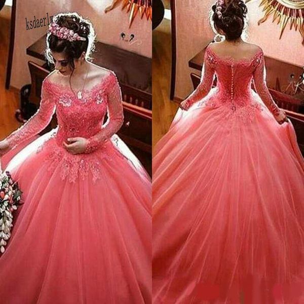 

elegant coral quinceanera dresses long sleeve ball gown off the shoulder vestidos de 15 anos lace appliques robe de bal floor length, Blue;red