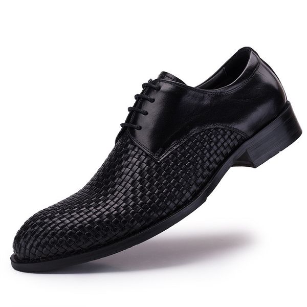 

spring summer new mens genuine leather weave shoes men male wedding dress shoes round toes lace office work derby man shoes, Black