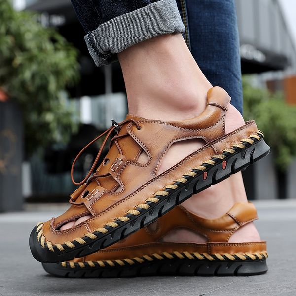 

summer men sandals genuine leather men beach roman sandals outdoor shoes flip flops slippers sneakers shoes big size 48, Black
