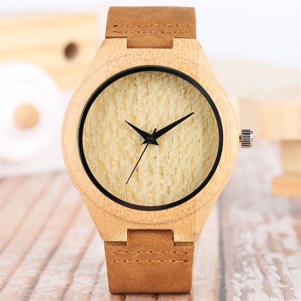 

simple bamboo watch for men creative yellow dial wooden men's watch brown genuine leather band casual clock 2019, Slivery;brown