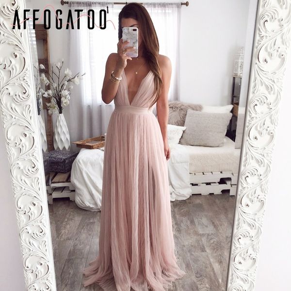 

Affogatoo Strap striped mesh lace split women dress Sexy deep v neck backless maxi dress Autumn winter long party dress vestidos