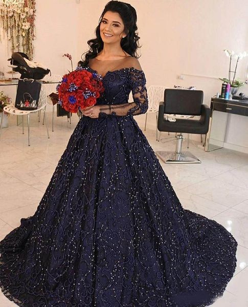

navy blue beading party evening dresses with long sleeves sheer bateau neck sequined prom gowns vestidos de fiesta formal dress, Black;red
