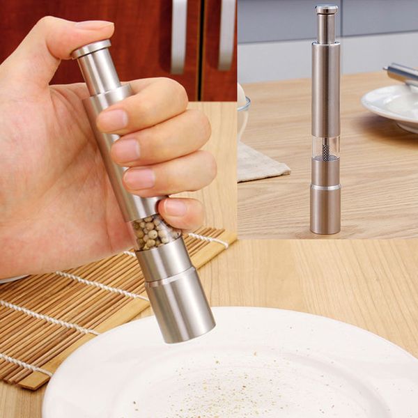 Moinho de pimenta de aço inoxidável moinho de moedor de polegar empurrar sal de sal pimentão portátil manual pimentas máquina de especiarias molho de especiarias ferramenta de cozinha bh1985 zx