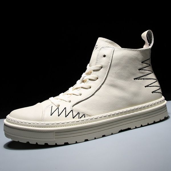 

brand new autumn korean mens casual genuine leather shoes fashion warm breathable round toe lace up falt male high help shoes, Black