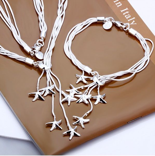 

классический стерлингового серебра 925 пробы 5 морских звезд ожерелья + браслеты женщины ювелирные наборы модные наборы бижутерии оптом для, Silver