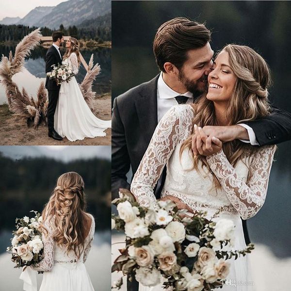 

vintage two pieces long sleeve lace mermaid wedding dresses backless bohemian garden beach country boho wedding dress vestidos do novia, White