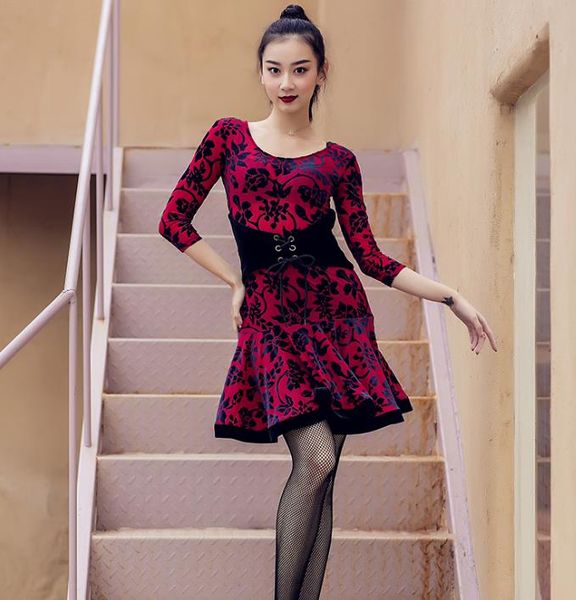 

new fashion ballroom latin stage dance costumes velvet printing dress for women qiaqia tango rumba dancing skirt b0222, Black;red
