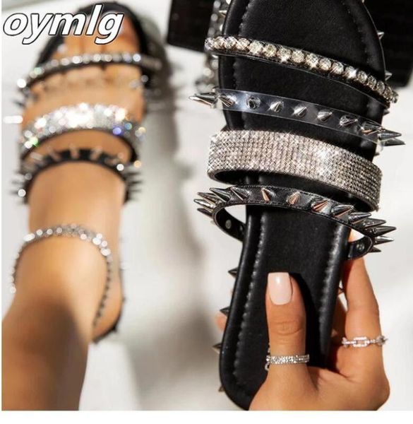 

2020 shoes women rivet sandals line style ladies falt shoes crystal bling slippers flats summer cool women beach slippers, Black