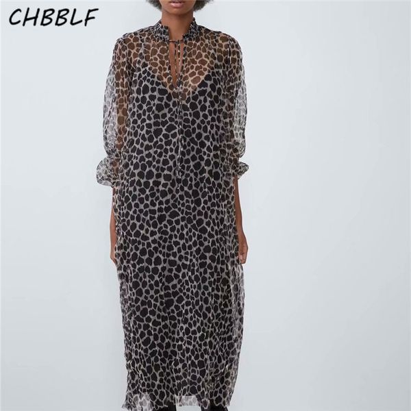 

chbblf women stylish mesh perspective midi dress ruffled long sleeve leopard print female two-piece straight vestido c9853, Black;gray