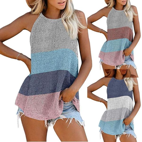 

2xl summer casual women sleeveless striped halter vest tank loose blouse, White