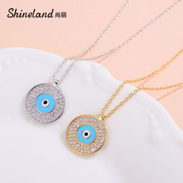 

shineland luxury blue enamel white cubic zirconia round eye necklace for women copper pendent fashion jewelry accessories cheap, Silver