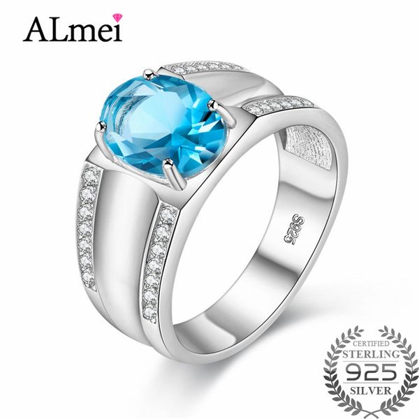 

almei women 3.5ct oval blue z gemstone ring wide band 925 sterling silver party finger rings fine jewelry with box 40% fj059, Golden;silver