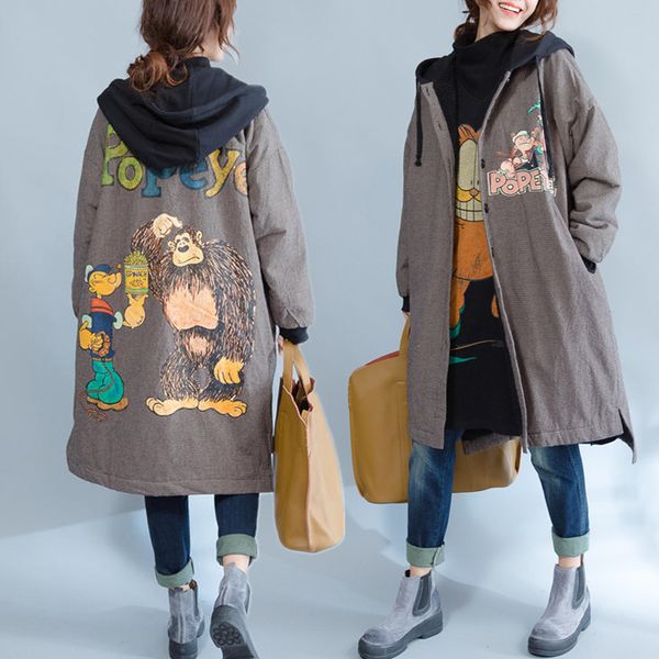 

autumn winter women loose fleece thick warm hooded cotton jackets female long sleeve cardigan cartoon plaid coats big size, Black;brown