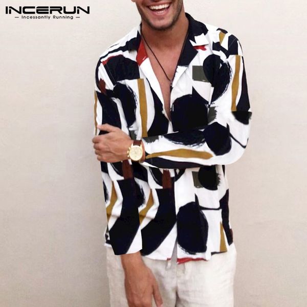 

incerun fashion men hawaiian shirt printing long sleeve breathable casual brand camisa streetwear chic lapel neck shirt men 2019, White;black