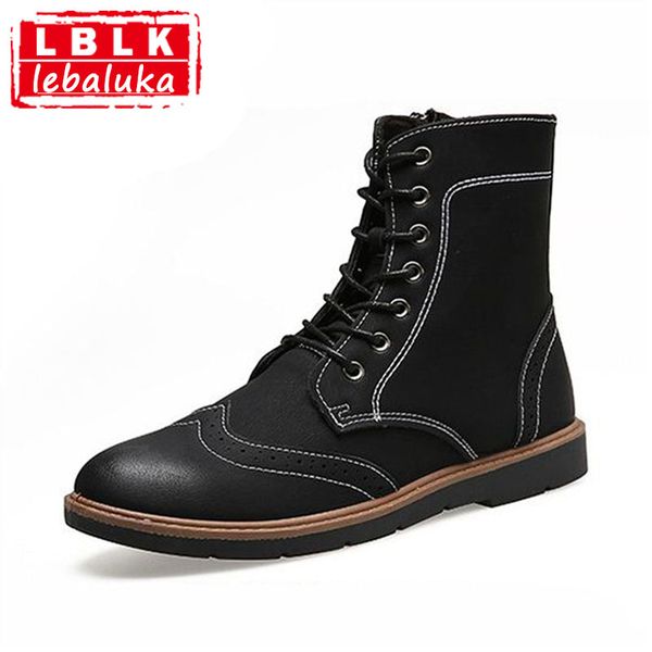 

lebaluka vintage men half short boots lace up round toe boots warm handmade shoes man mid calf botas male footwear size 39-44, Black