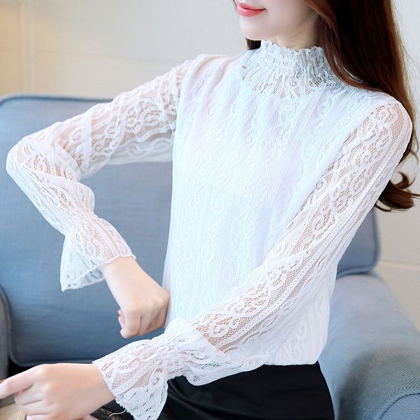 

korean lace bottoming chiffon blouses women long sleeve hollow office lady shirt slim trumpet thin mesh 2020 spring new, White