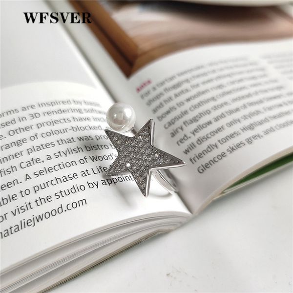 

wfsver new 925 sterling silver jewelry ring pentagram with pearl ring for women party fashion jewelry personality accessories, Golden;silver
