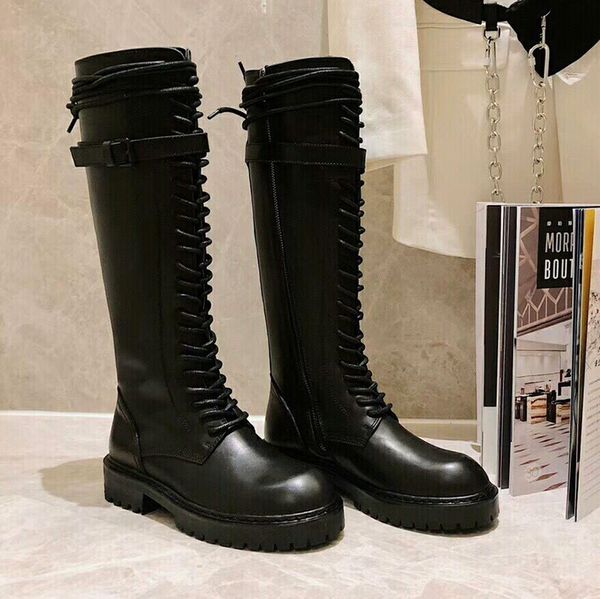 

lace-up martin boots female british wind with handsome motorcycle rider boots leather net red waterproof slim long boots, Black