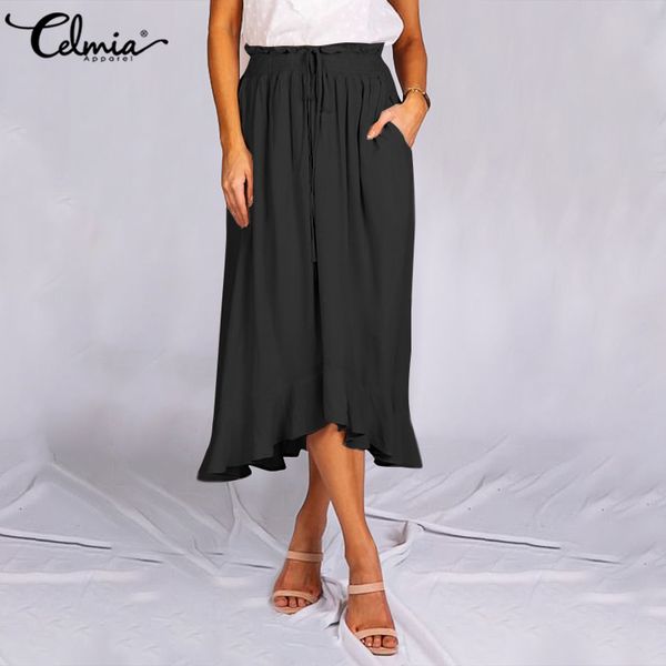 

skirts summer 2021 celmia fashion women asymmetrical ruffles loose casual skirt elegant office party elastic waist long, Black