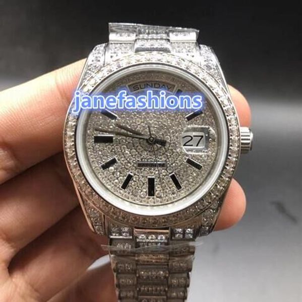

iced out luxury men's diamond watch fashion silver hip hop rap style watches fully automatic double calendar sports watch, Slivery;brown