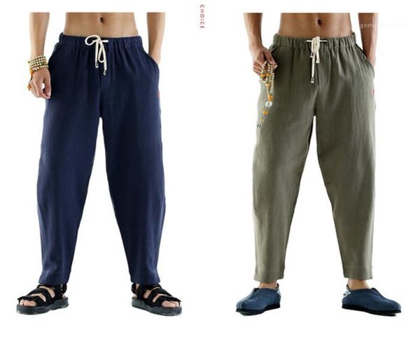 

drawsting beam foot loose trousers teenagers street sytle pant mens chinese style embroidery cross pants designer solid color, Black