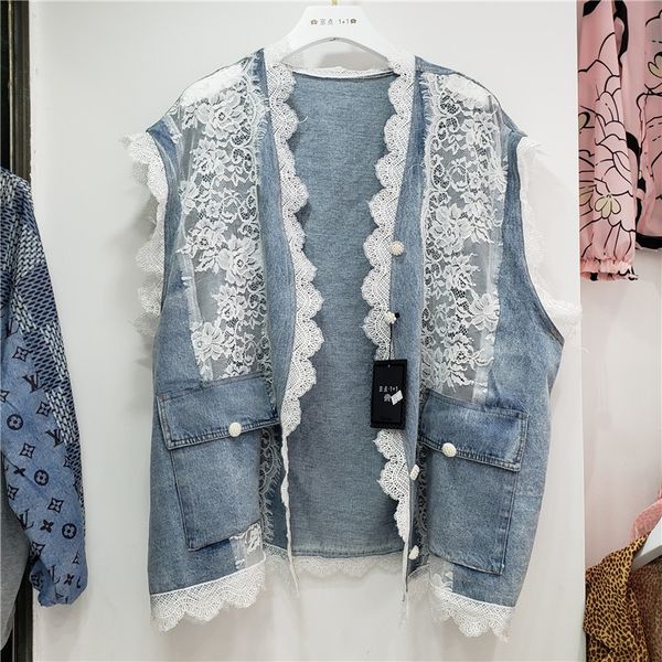 

ewq] 2020 summer new v-neck button decoration and lace loose denim waistcoat korean style double pocket design ladies coats, Black;white